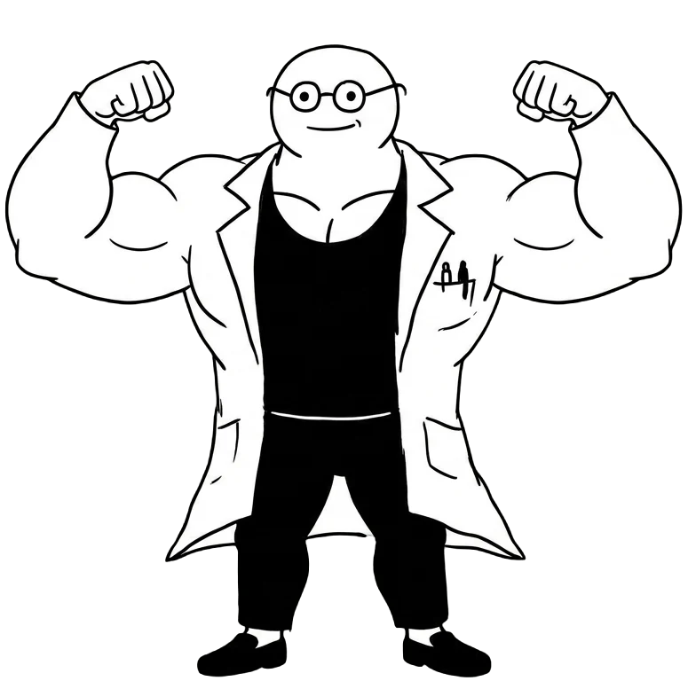 Professor Mass, the channel mascot, hitting a front double biceps pose